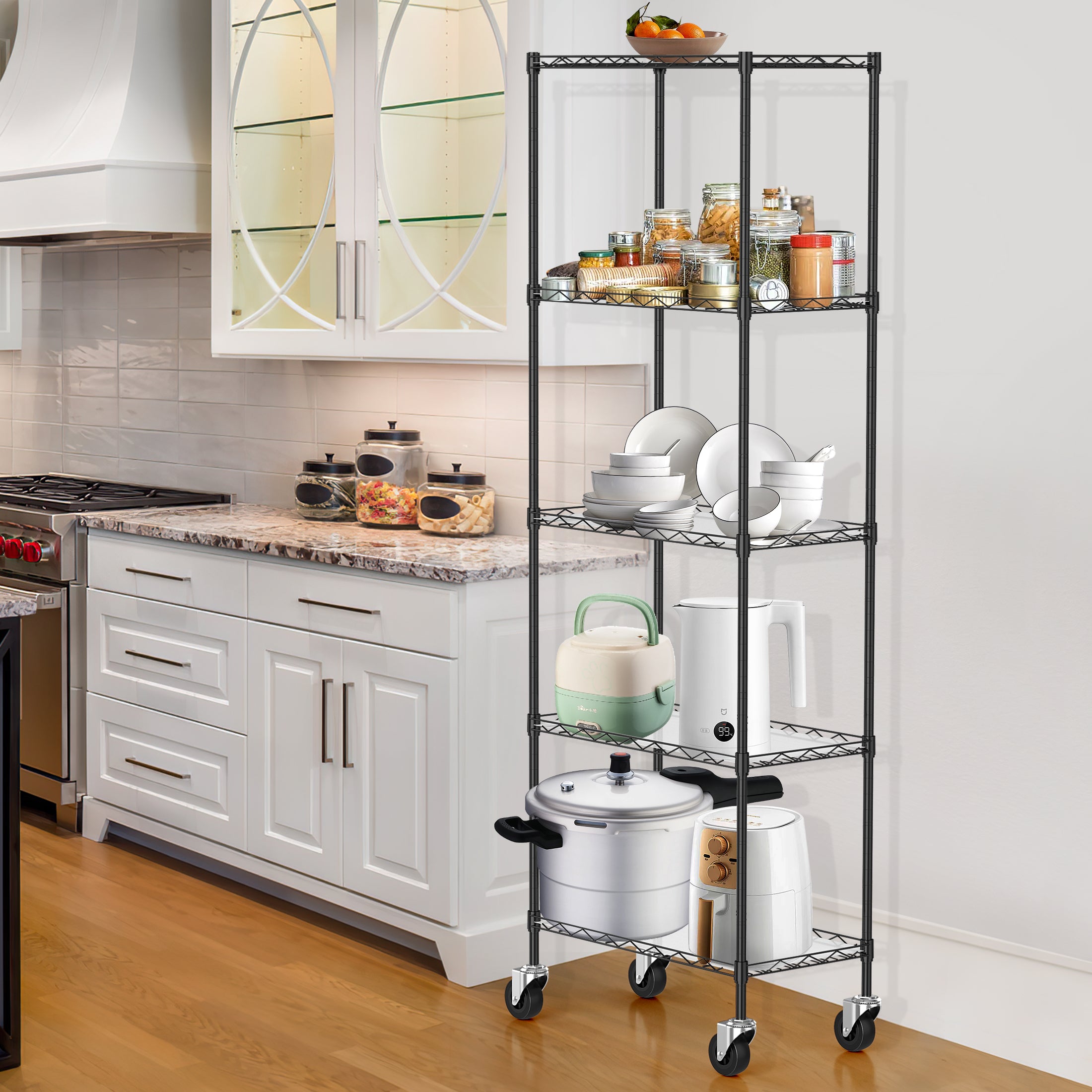 Mydeargo Height Adjustable Steel Shelving with Rolling Wheels for Home Kitchen Bathroom Laundry Storage