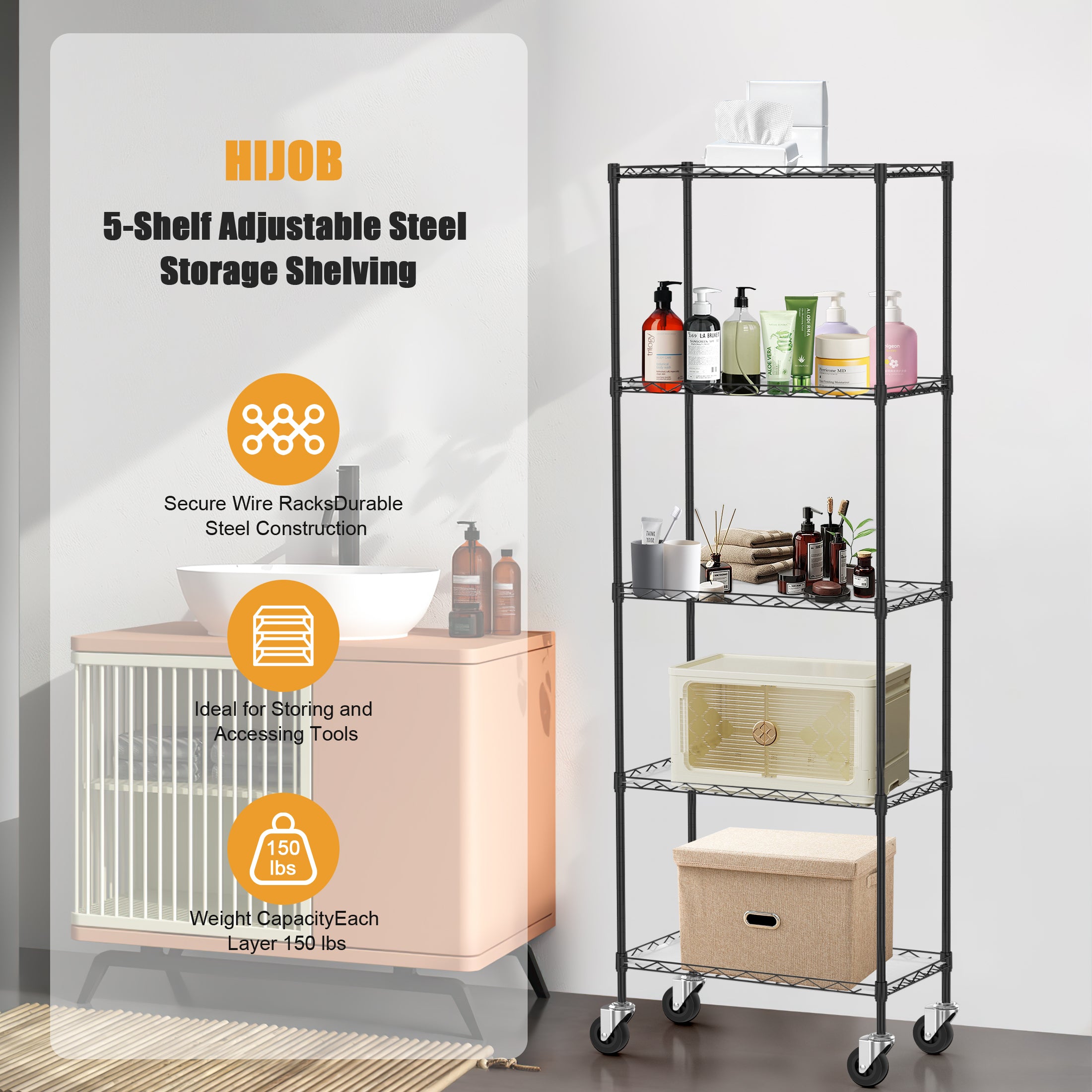 Mydeargo Height Adjustable Steel Shelving with Rolling Wheels for Home Kitchen Bathroom Laundry Storage